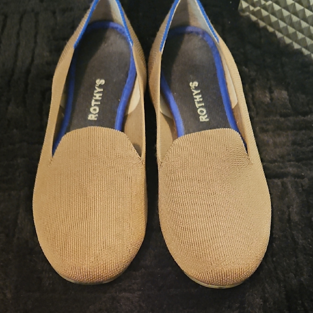 Rothy's Tan Loafers with Blue Trim